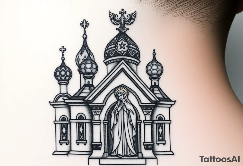 Flowing Scene

A onion domes orthodox church
Virgin Mary in prayer pose on the front doors of the russian orthodox church 
A small double headed russian coat of arms eagle or just the star tucked above the dome near the hairline tattoo idea