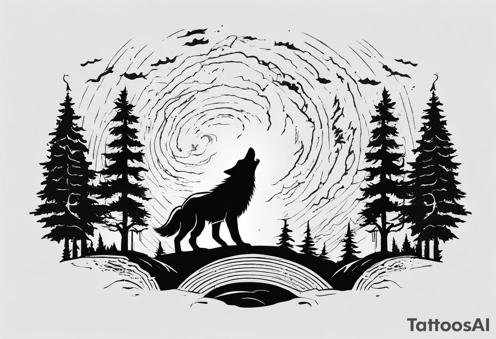 thunderstorm over a forest with a wolf howling on drums tattoo idea thunderstorm over a forest with a wolf howling on drums tattoo idea