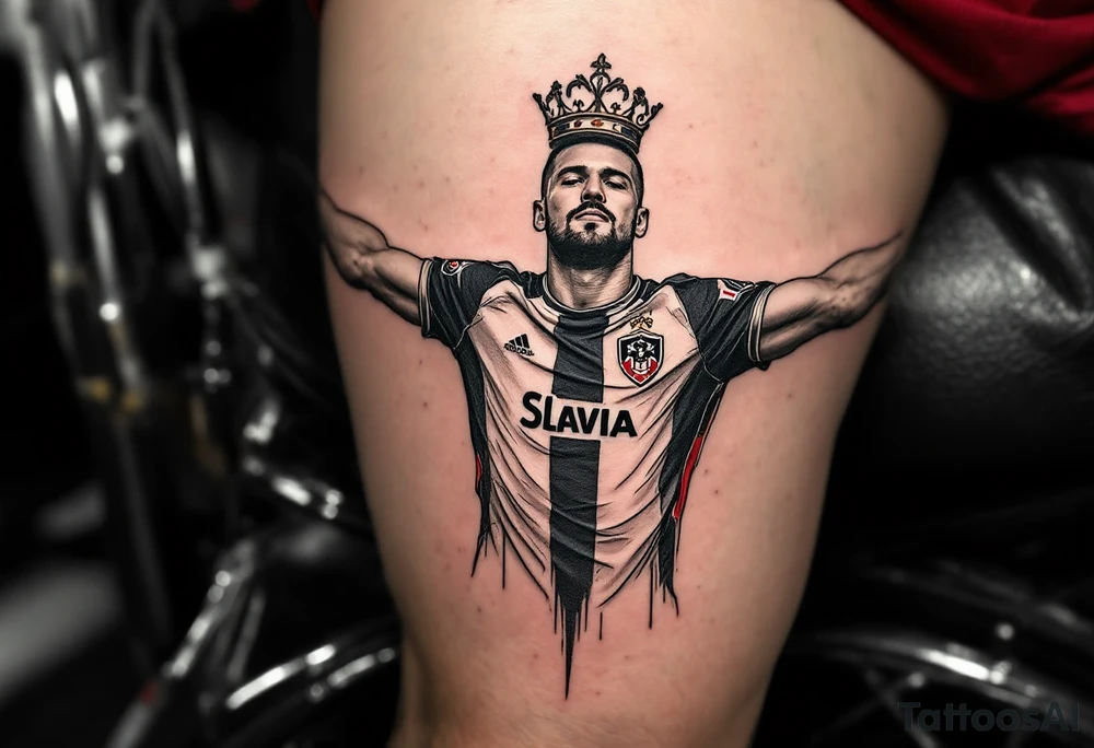 A stylized player tattoo, arms outstretched like a cross, in full Slavia gear with a crown above the crest. tattoo idea
