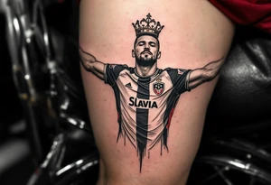 A stylized player tattoo, arms outstretched like a cross, in full Slavia gear with a crown above the crest. tattoo idea