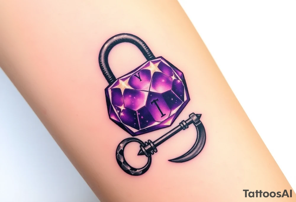 A deep purple crystal lock with glowing runes, and a crescent moon-shaped key radiating a mystical aura and lying beside it. tattoo idea