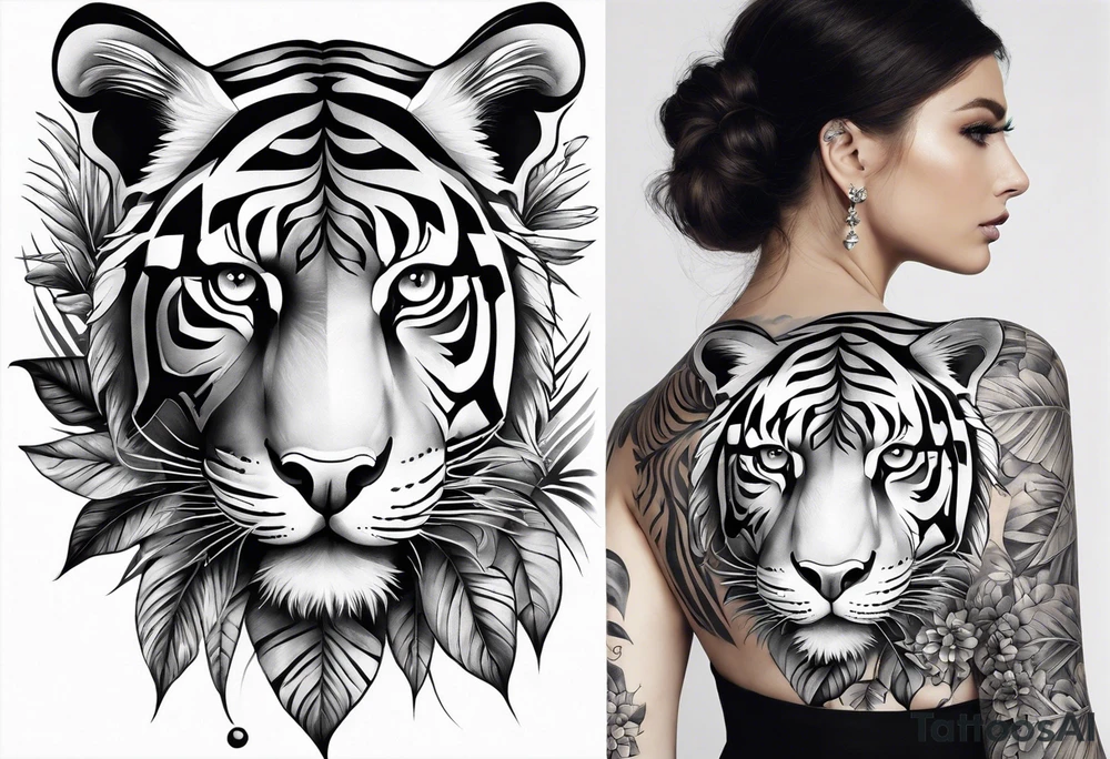 Womans Full arm tattoo sleeve design.  Smaller 
abstract tiger full body coming down front of shoulder, monstera foliage on forearm, beach landscape on bicep tattoo idea