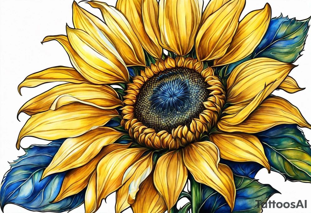 a yellow sunflower bloom with blue highlights tattoo idea