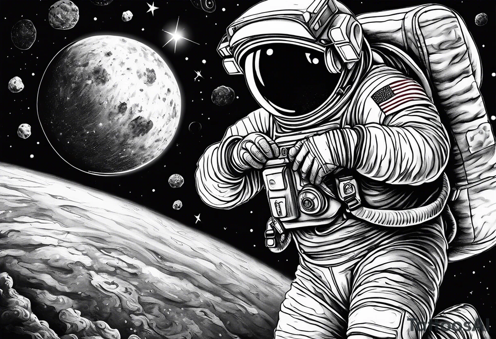 a picture of an astronaut eating a chicken nugget 
while floating in space showing the full body tattoo idea