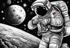 a picture of an astronaut eating a chicken nugget 
while floating in space showing the full body tattoo idea