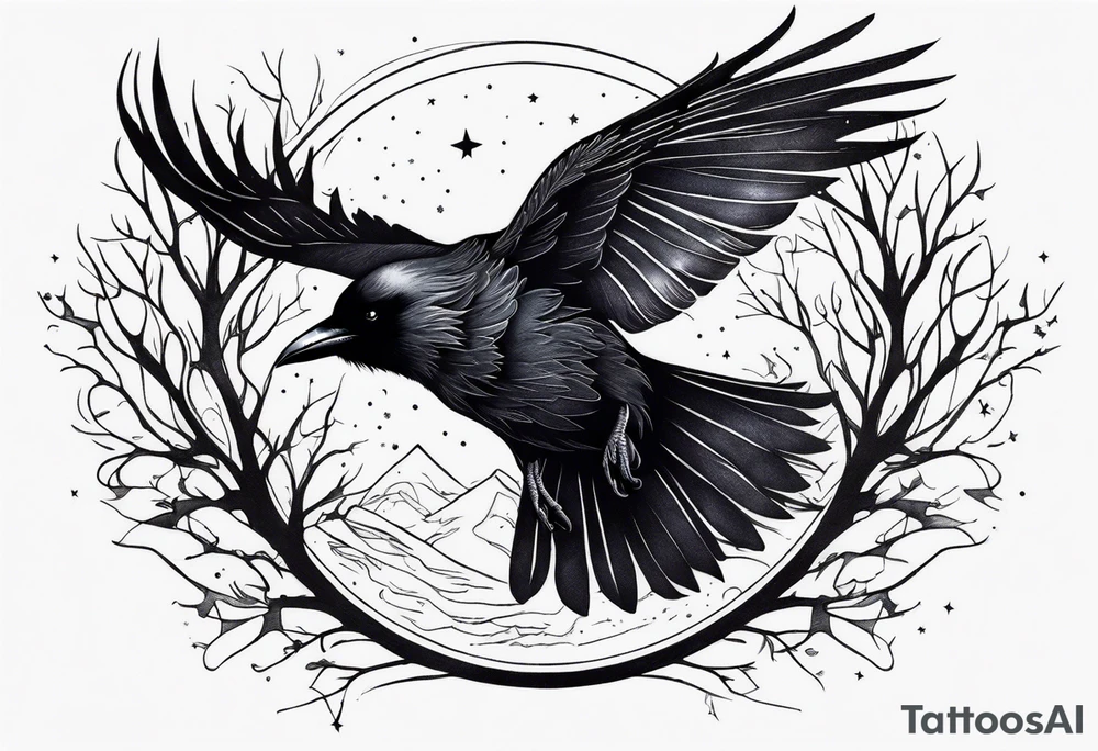 Raven in flight, upsidedown, knowing, light behind its eyes, ethereal, moon stars and trees in the background tattoo idea