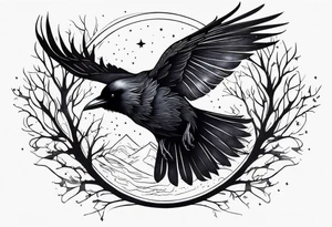Raven in flight, upsidedown, knowing, light behind its eyes, ethereal, moon stars and trees in the background tattoo idea