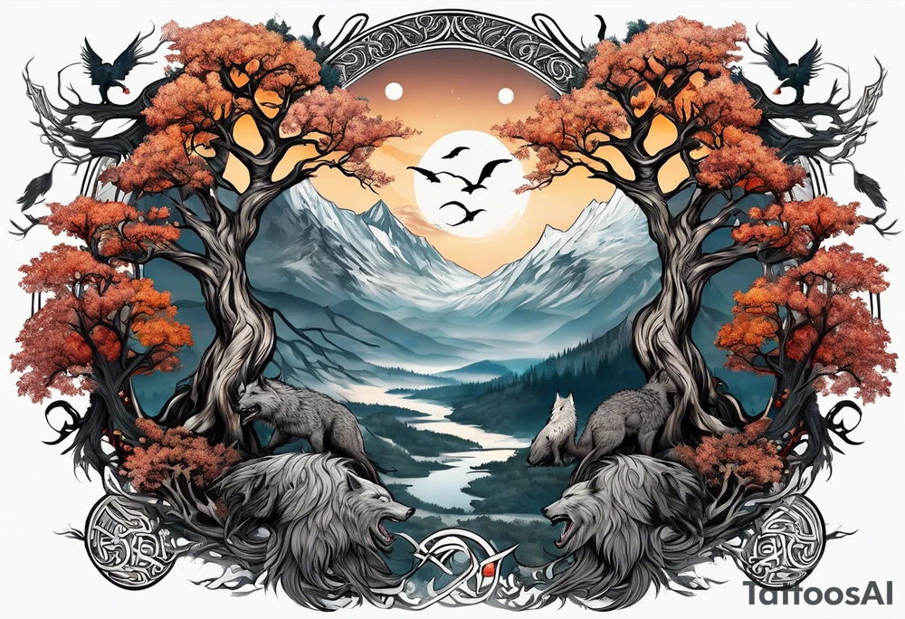 Yggdrasil with hugin and munin and fenrir tattoo idea