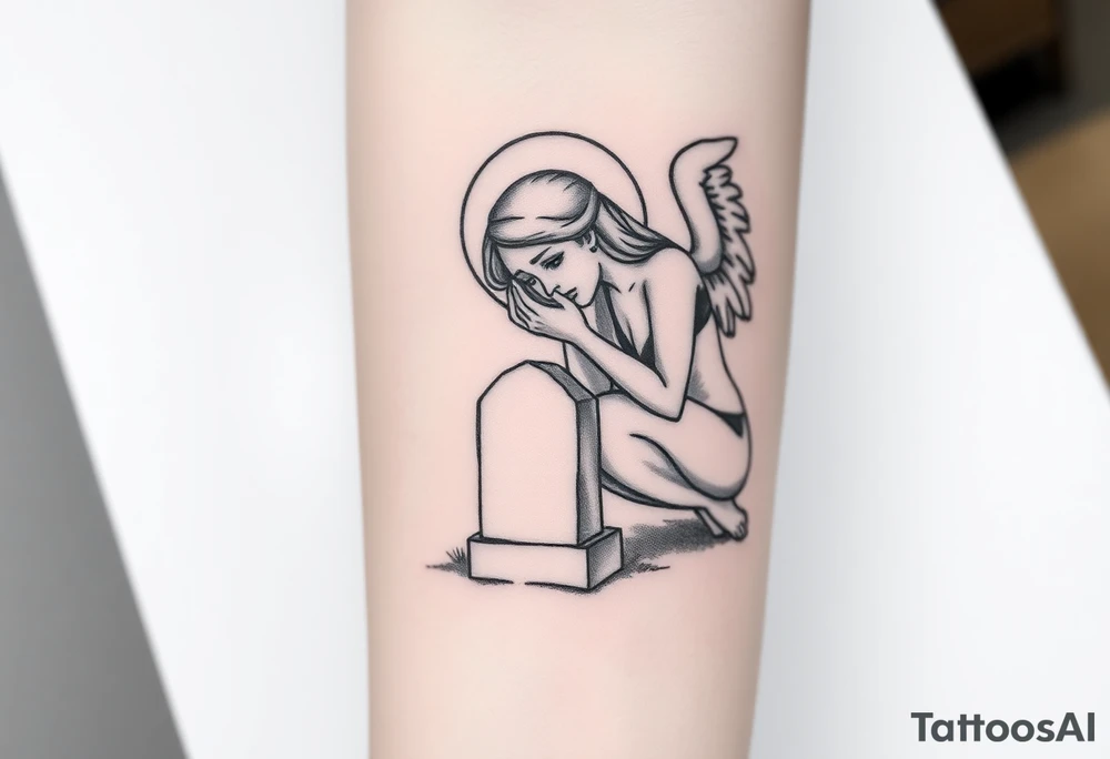 Beautiful woman angel crying on a tombstone tattoo idea