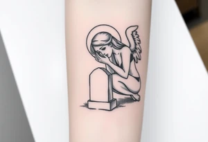 Beautiful woman angel crying on a tombstone tattoo idea