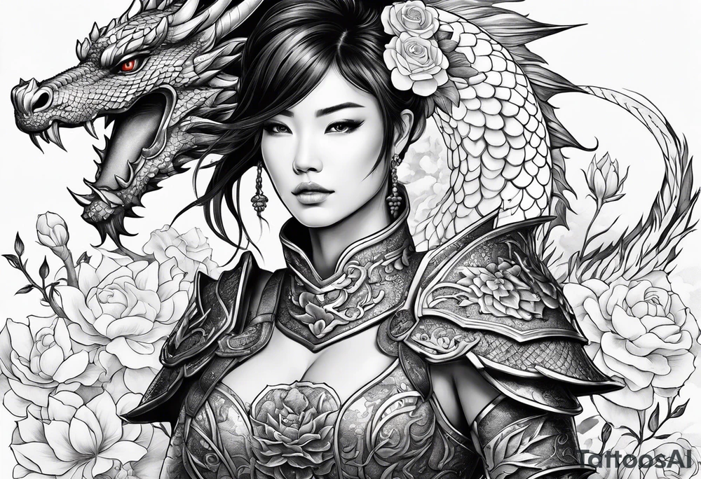 beautiful warrior woman wearing dragon armor and a floral background and a dragon tattoo idea