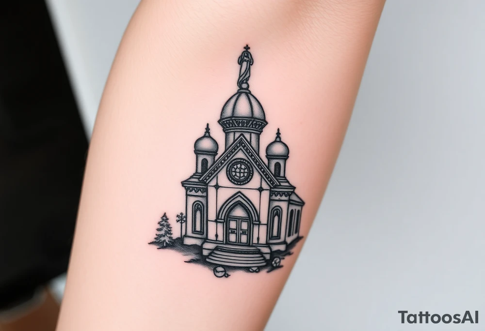 in a dorsal view a detailed orthodox church with a band at the front shrouded with a mist above and fading into a virgin mary overlooking above at the top tattoo idea