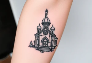 in a dorsal view a detailed orthodox church with a band at the front shrouded with a mist above and fading into a virgin mary overlooking above at the top tattoo idea