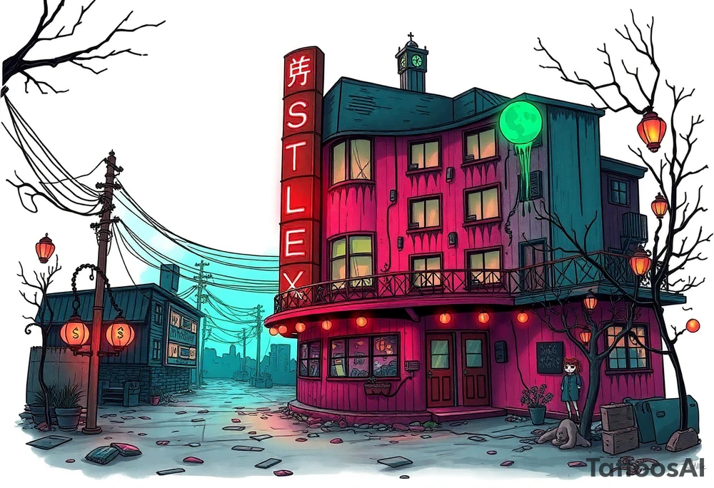 Tim Burton’s Tokyo sex hotel from outside viewis abandoned and dripping with muted reds, dusty pinks, and eerie green glow. tattoo idea tattoo idea