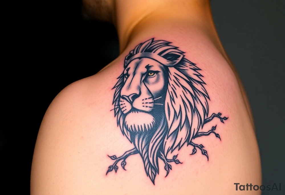 powerful majestic lion with a crown with a tree and for upper arm tattoo idea