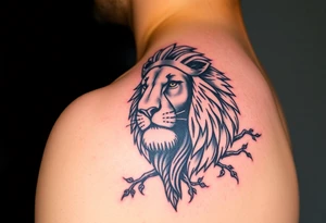 powerful majestic lion with a crown with a tree and for upper arm tattoo idea