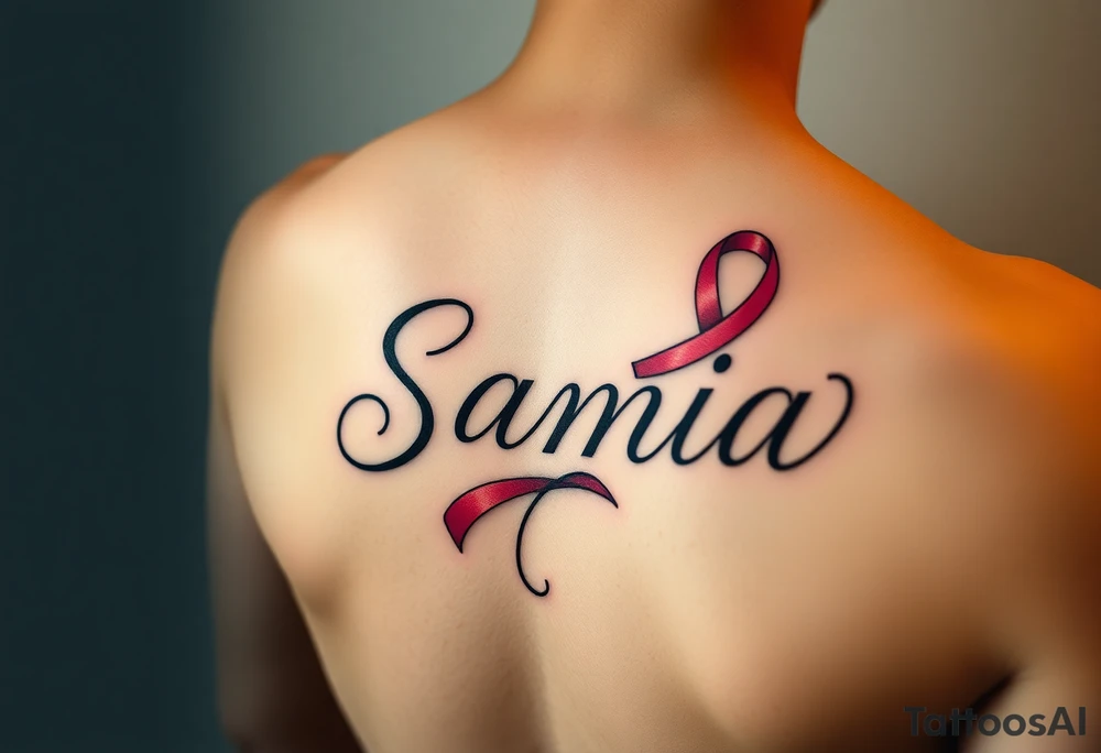 The name Samia. With a breast cancer (in pink) ribbon flowing off the a. tattoo idea