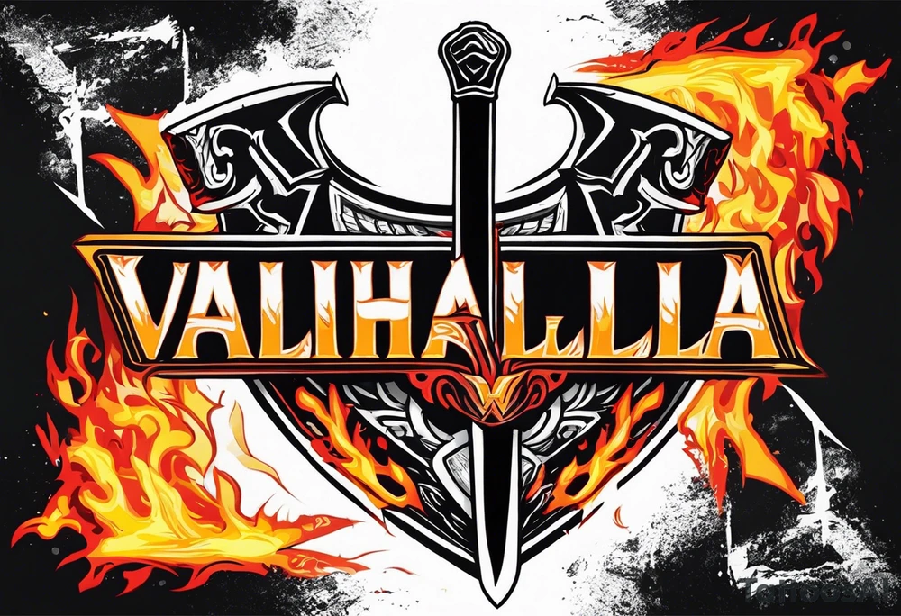 valhalla on fire sword shield axe warrior tattoo idea