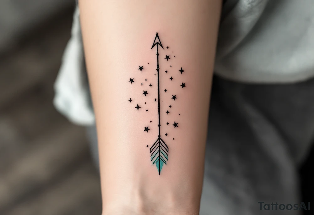 A simple Sagittarius design with black stars connected by fine white lines, hovering above a faded turquoise arrow. tattoo idea
