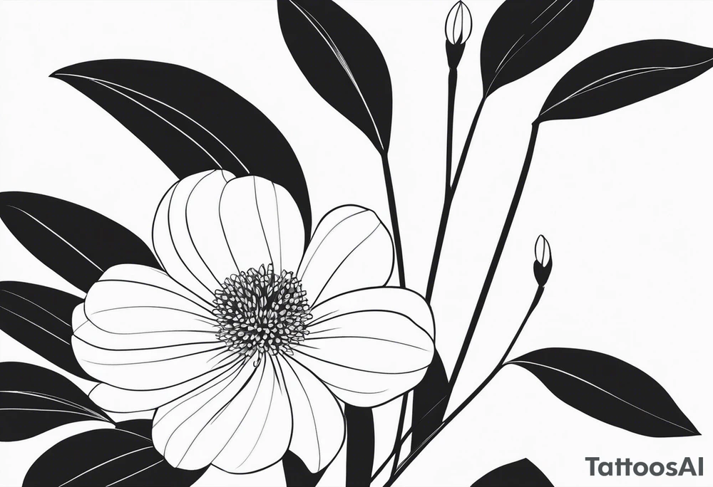 one very simple and no detailed waratha flower with stem in black and white, fine-line, very minimalistic, only a few lines/dots for the inner bloom tattoo idea