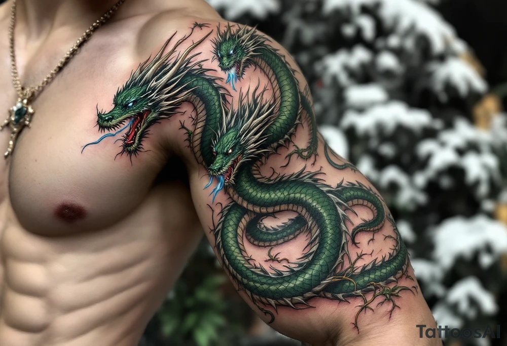 Slavic Dragon (Zmey) – A three-headed serpent-like dragon in shades of dark green and steel, spitting blue flame and wrapped in thorny vines. tattoo idea