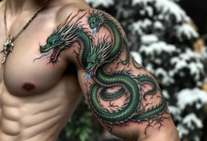 Slavic Dragon (Zmey) – A three-headed serpent-like dragon in shades of dark green and steel, spitting blue flame and wrapped in thorny vines. tattoo idea
