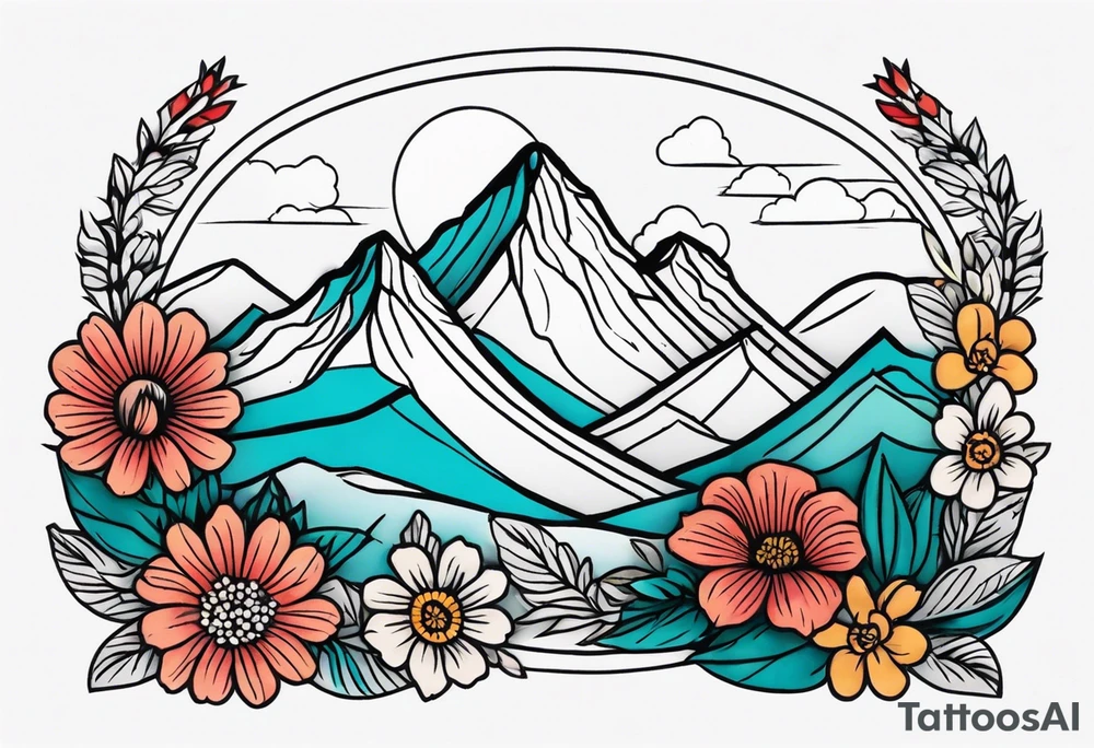 mountains
old school vintage simple traditional design with vintage flowers surrounding
bold color simple tattoo idea