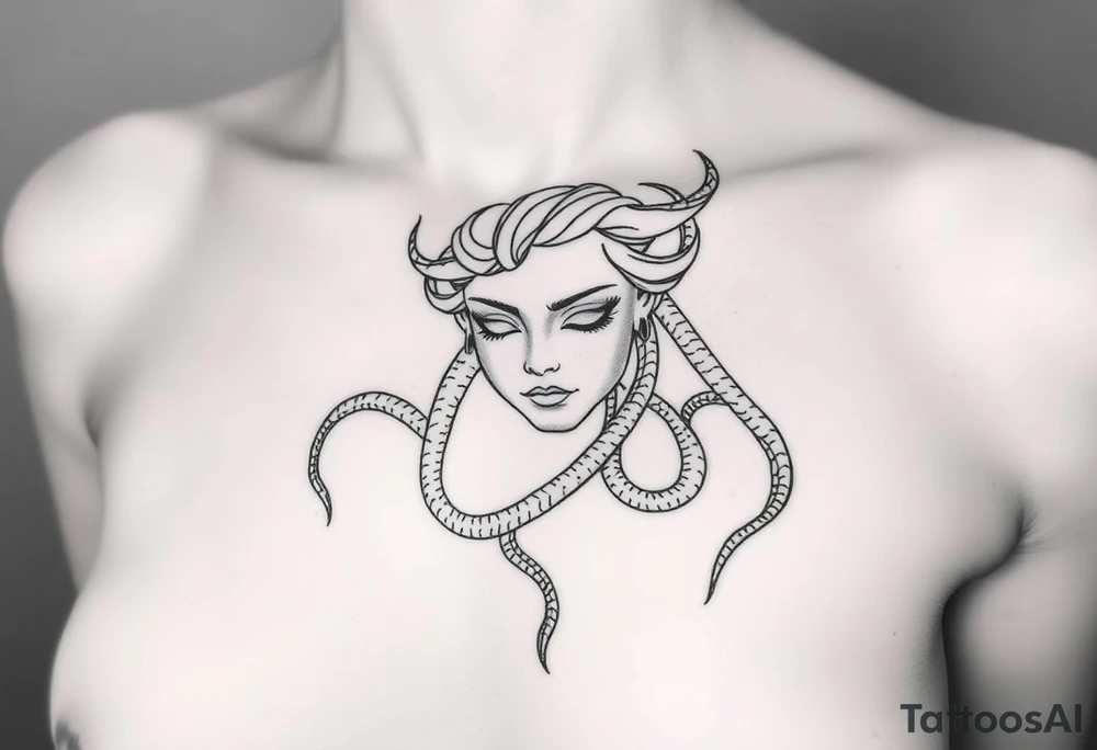 Closed-eye Medusa, calm and peaceful
Broken snake strands at the ends, fading softly
Overall feeling: healing
Right side of chest
Size: 2-3 inches
Fine-line/ single-needle
No heavy black fills
2-3 variations so I can compare softness levels tattoo idea