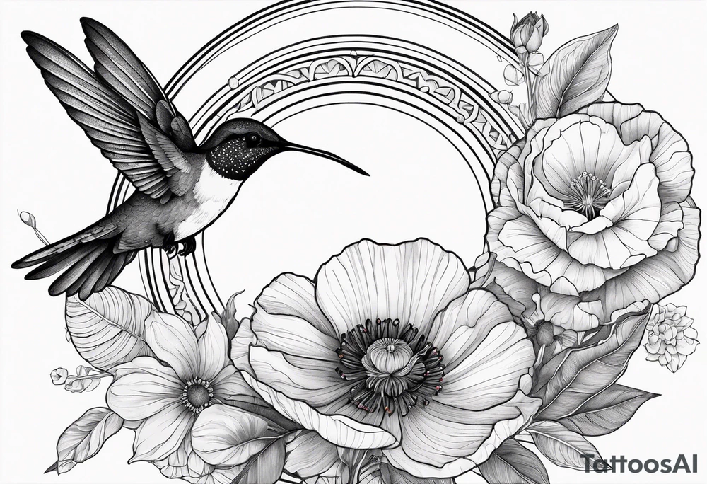 Fine line background black mandala with colorful poppy flowers and honeysuckle flowers and hummingbird tattoo idea