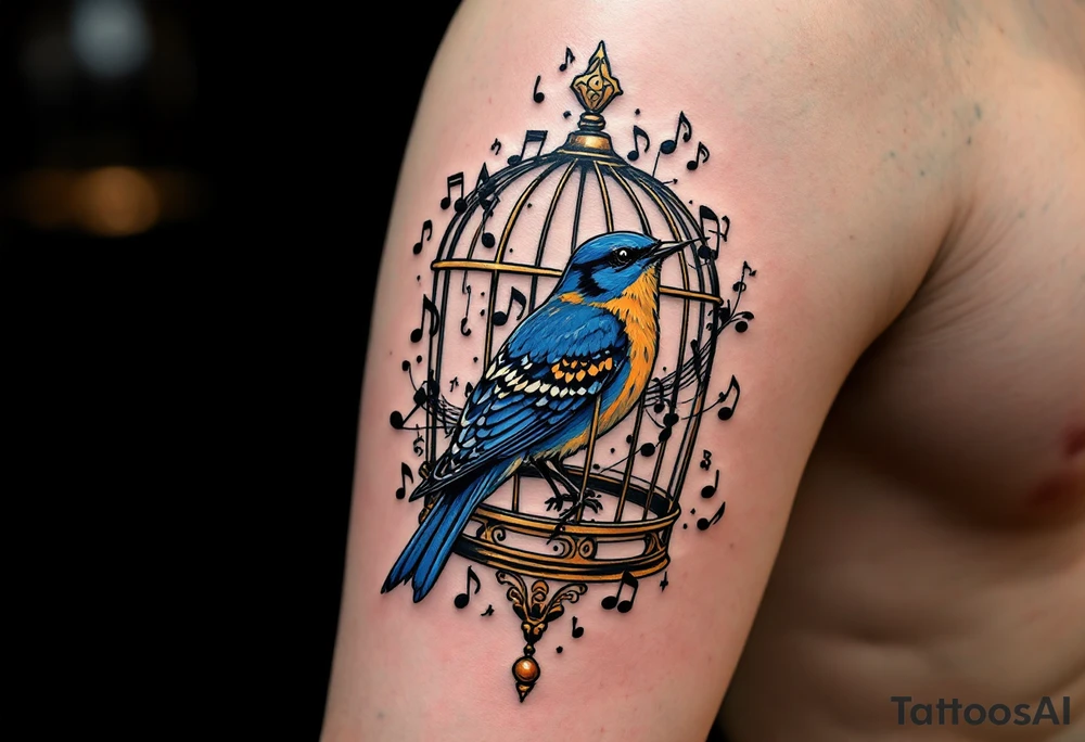 "Kdyz ptacka lapaji, pekne mu zpivaji." — A bluebird in a gilded cage made of musical notes, with the proverb arched in fine black ink above. tattoo idea