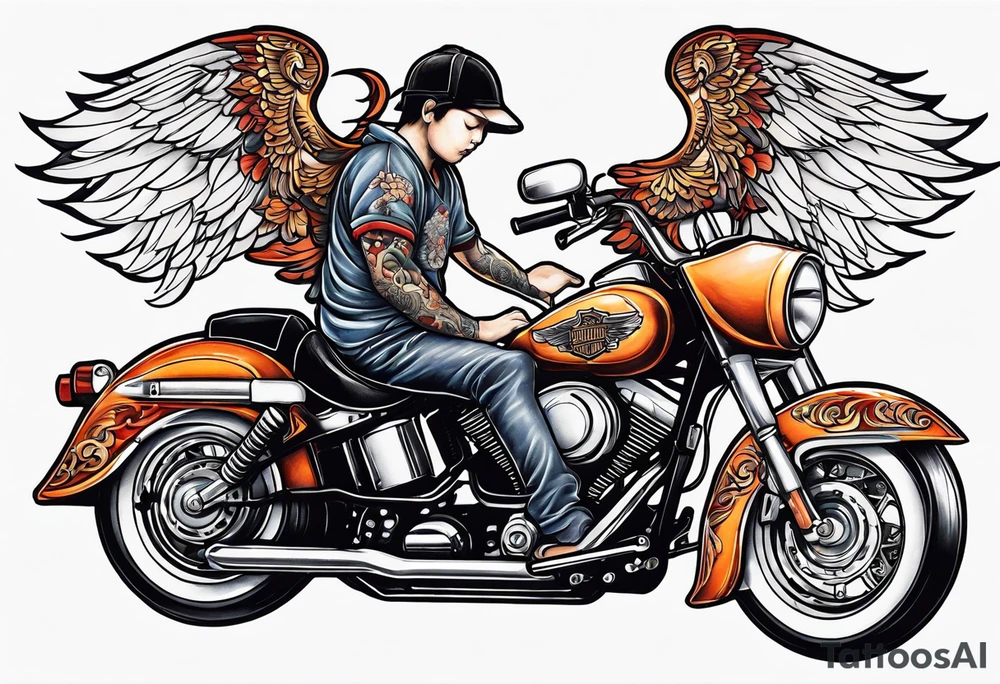 cherub with harley davidson wings tattoo idea