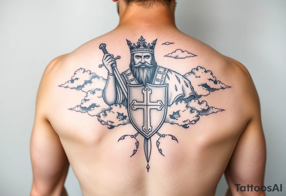 Half sleeve. King Alfred the great, sword, clouds, shield, cross tattoo idea