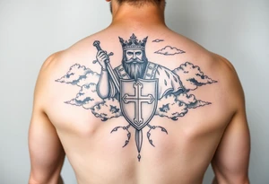 Half sleeve. King Alfred the great, sword, clouds, shield, cross tattoo idea