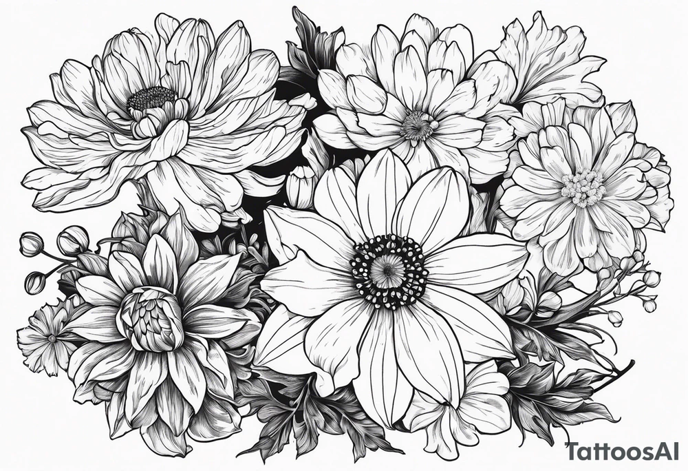 Narcissus, Chrysanthemum, Cosmos, snow drop flowers. For the back or an arm tattoo idea