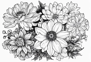 Narcissus, Chrysanthemum, Cosmos, snow drop flowers. For the back or an arm tattoo idea