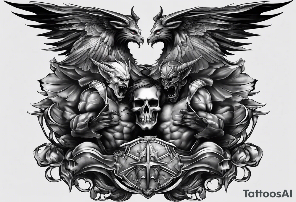 Good vs evil chest piece. On the left side it would be two devils, and on the right there would be two angels. Both sides are in battle, one of the angels has a gun aimed at the devil, while the other angel has a face mask. tattoo idea