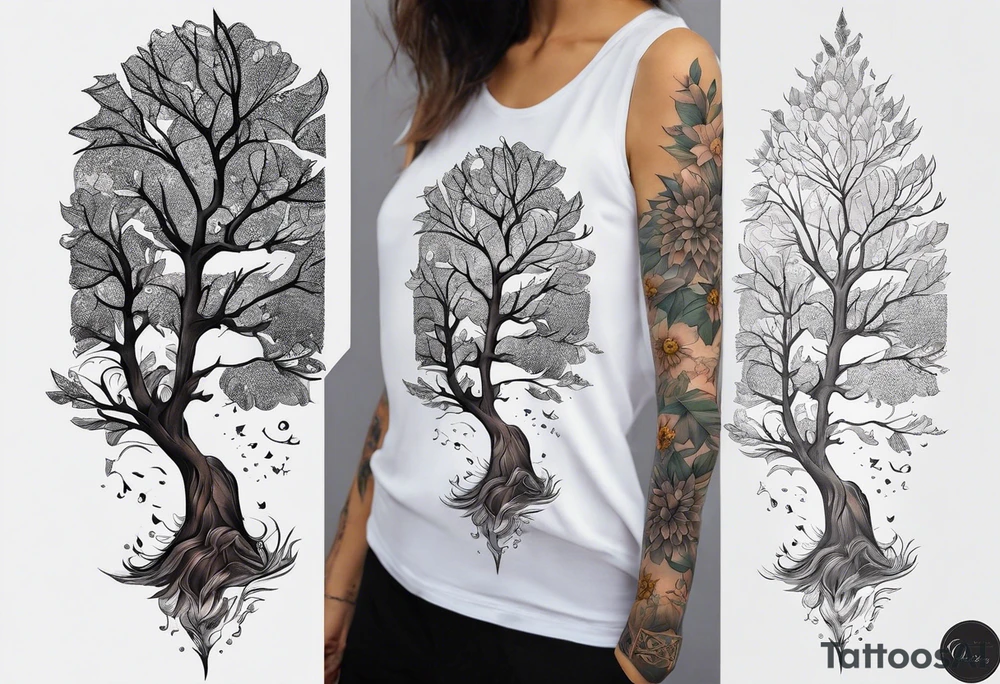 Small norma arm tattoo. Black kite (Daya's name), nature (trees/sea), small sunflower. Soft colours tattoo idea