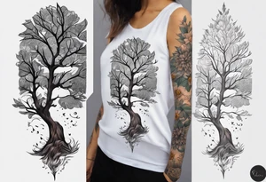 Small norma arm tattoo. Black kite (Daya's name), nature (trees/sea), small sunflower. Soft colours tattoo idea