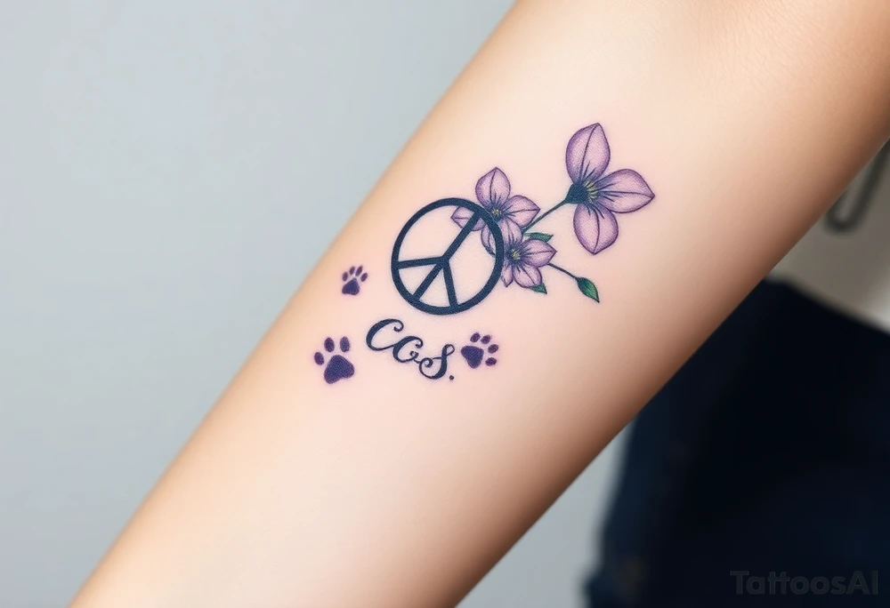 Violets, peace symbol, Pisces symbol, dog prints, amethyst, initials csb in cursive font tattoo idea