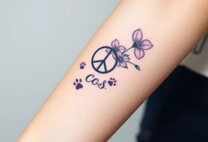 Violets, peace symbol, Pisces symbol, dog prints, amethyst, initials csb in cursive font tattoo idea