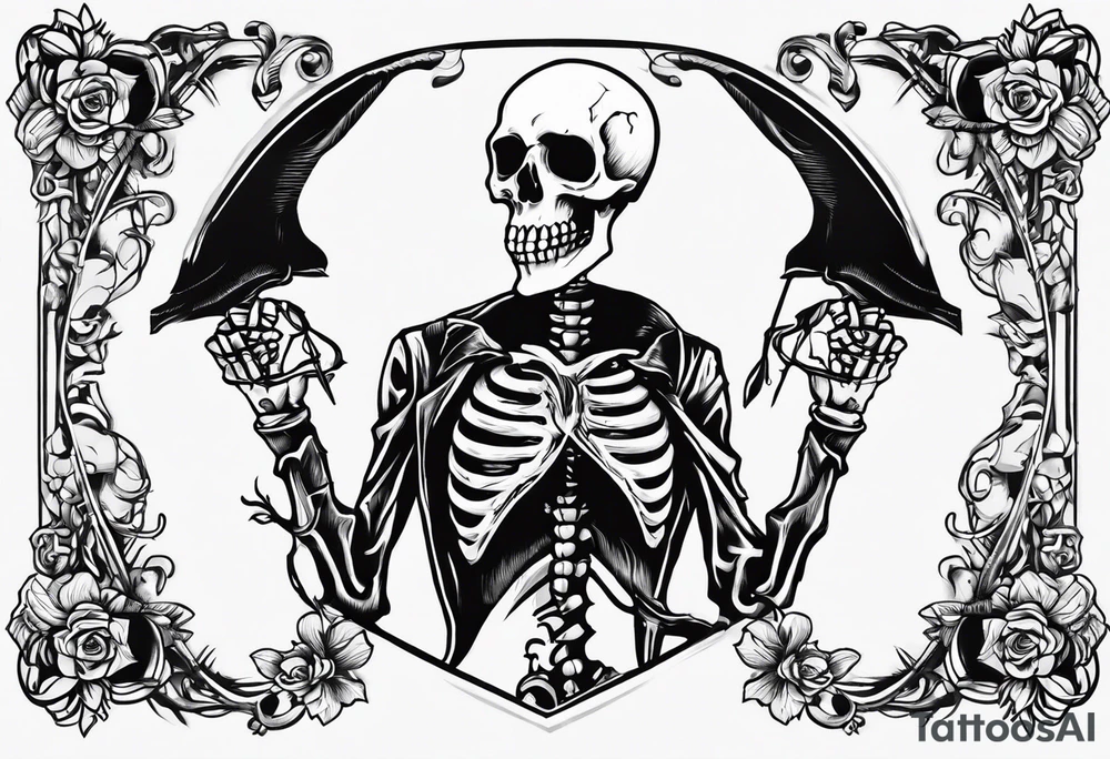 depressed skeleton holding his heart in his hand with a knife through the heart tattoo idea