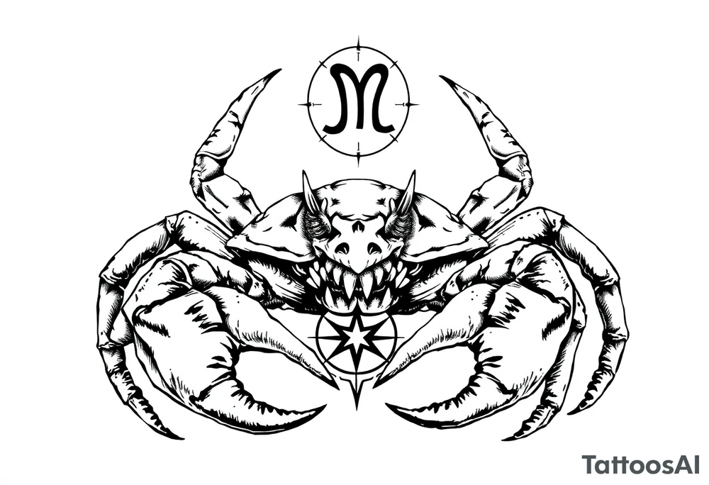 A crab with a defensive pose with an unnatural face its claws scary with a zodiac symbol prominent and has extra long legs and big etes tattoo idea