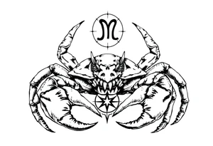 A crab with a defensive pose with an unnatural face its claws scary with a zodiac symbol prominent and has extra long legs and big etes tattoo idea
