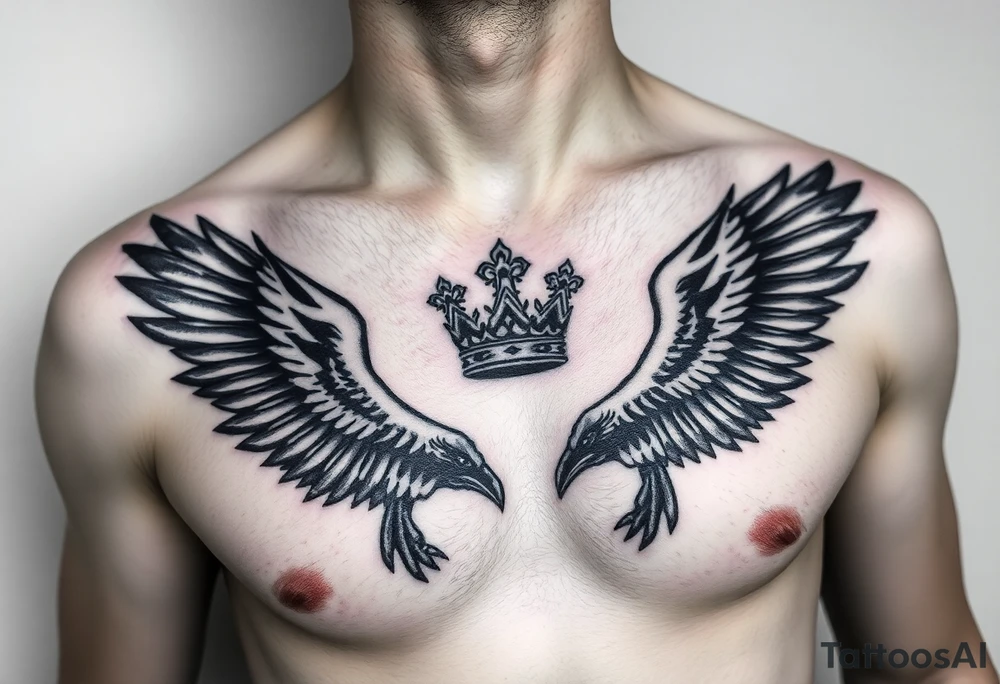 Chest tattoo, two laurier and icelandic symbols, dark brest tattoo, crown betwen ravens tattoo idea