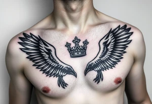 Chest tattoo, two laurier and icelandic symbols, dark brest tattoo, crown betwen ravens tattoo idea