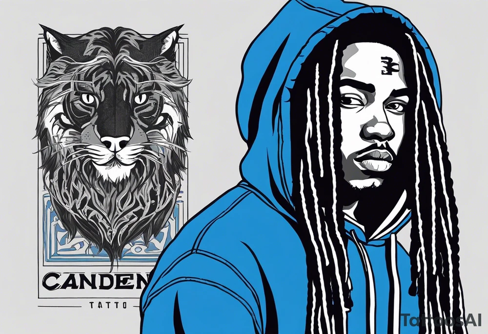 black well built teen with with a grey hoodie on and blue jeans with long dreads turning into a blue wildcat in various spots on his body. I want his hoodie appear as if its been ripped in random places from the inside with I Carolina blue football jersey showing underneath that reads Camden tattoo idea