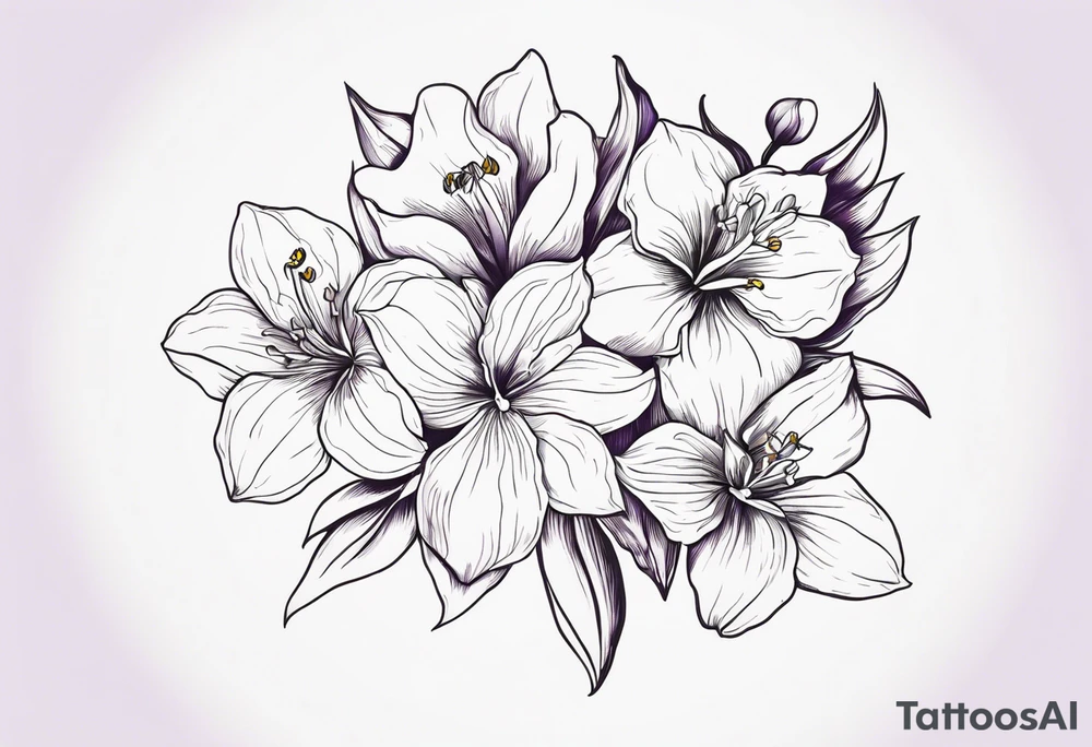 generate tattoo ideas for my forearm with the following flowers: Violet and iris, Daffodil and jonquil, Lily and hawthorn, Holly and narcissus tattoo idea