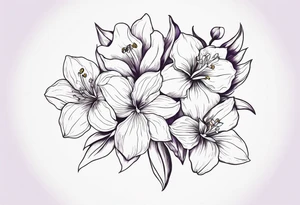 generate tattoo ideas for my forearm with the following flowers: Violet and iris, Daffodil and jonquil, Lily and hawthorn, Holly and narcissus tattoo idea