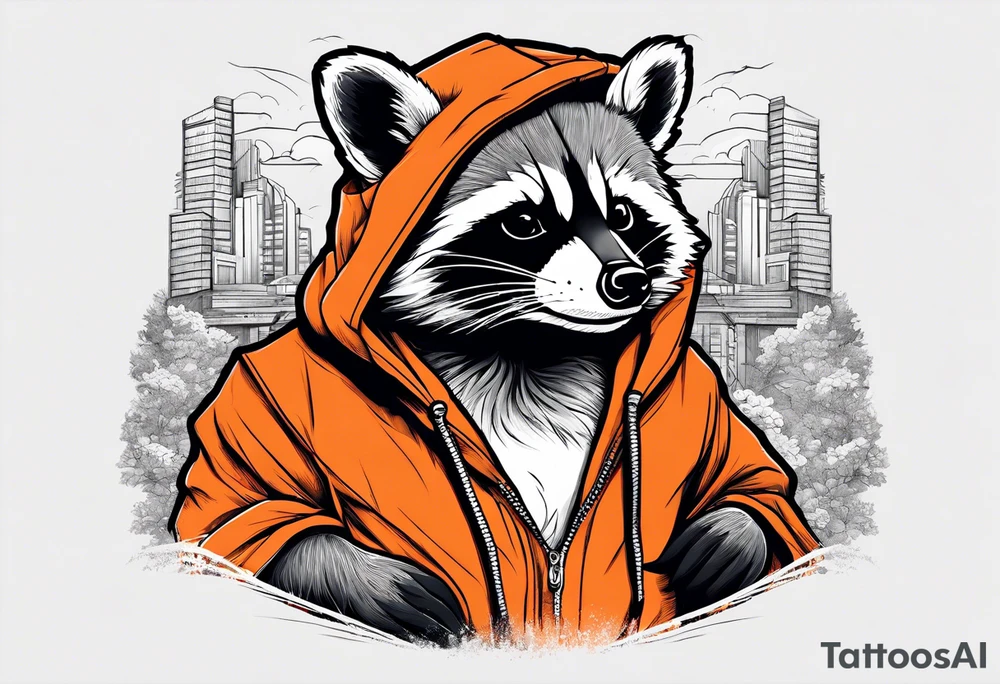 Raccoon wearing an orange Superman hoodie tattoo idea