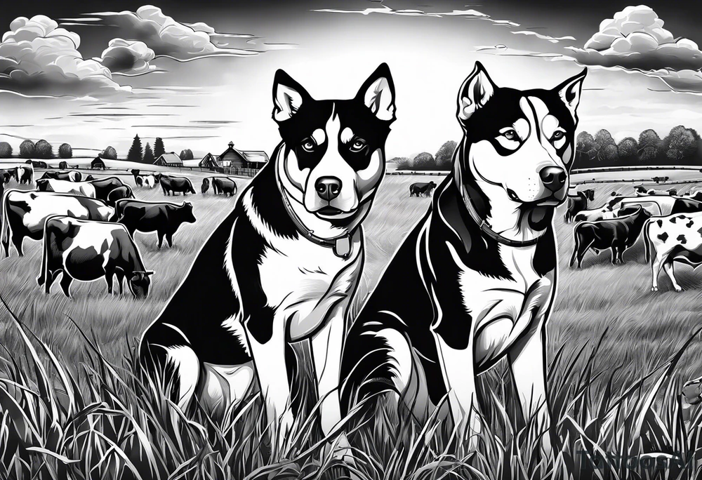 husky and pitbull looking at cows in cow pasture tattoo idea